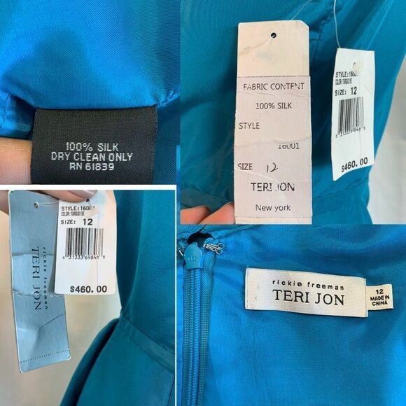 NWT Rickie Freeman For Teri Jon blue ruffle frill neck silk dress Sz 12 NWT - Picture 7 of 10